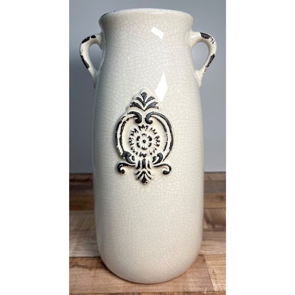 Vintage-Inspired White Ceramic Vase With Handles Embossed Floral Design Large - Picture 1 of 6